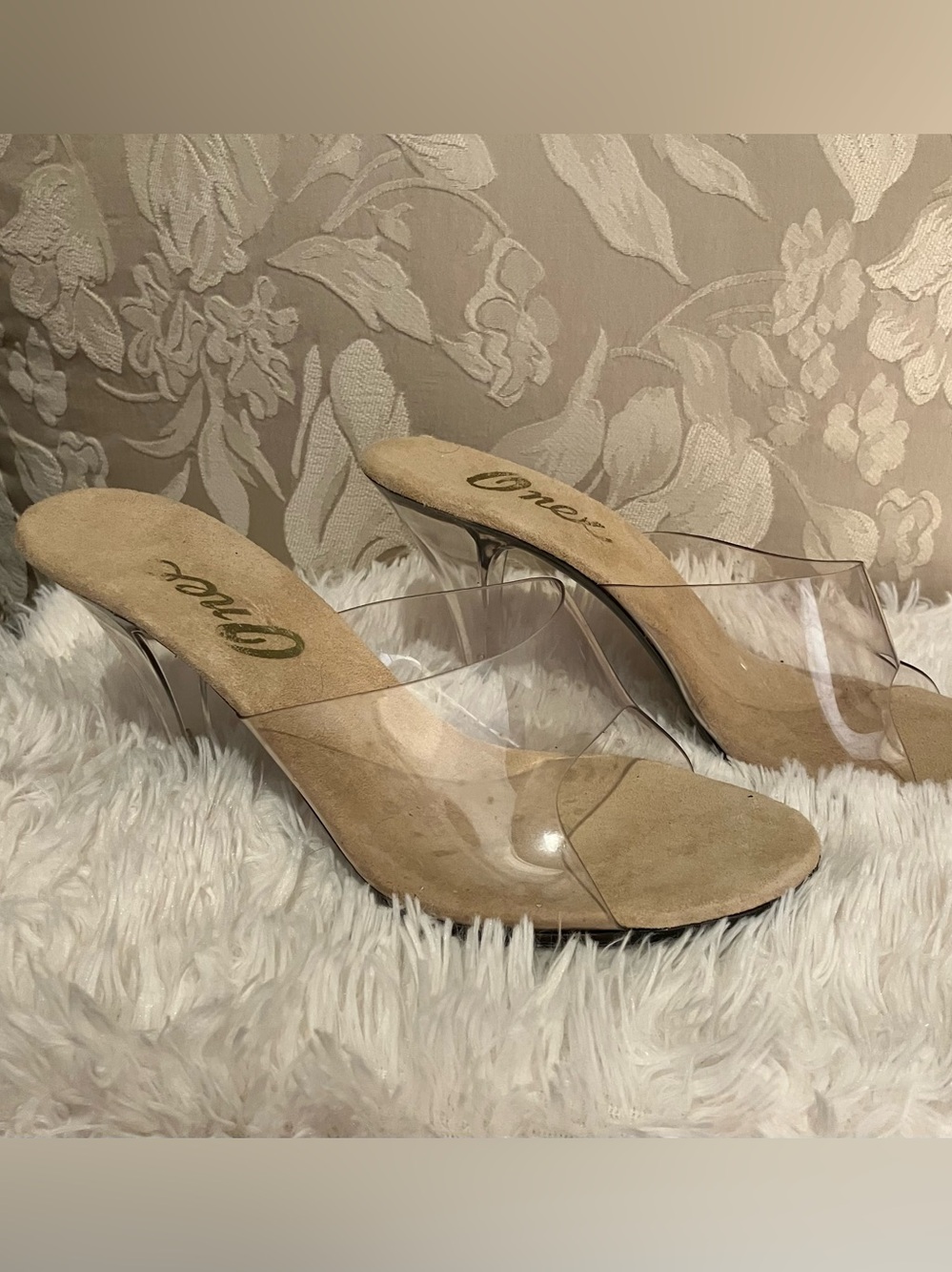 Clear Strap Tan Suede Slide Heels - Women